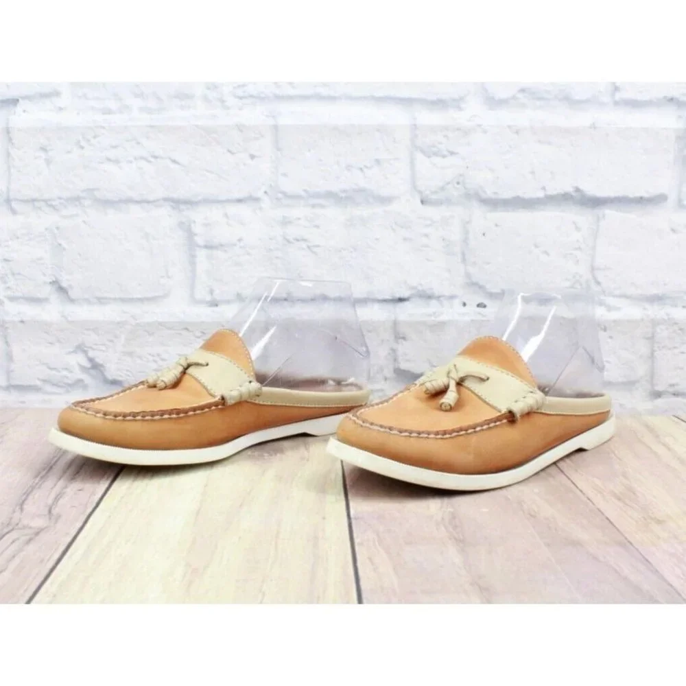 LL Bean Tan Leather Mule Flat Slide Moc Toe Open Back Loafer Size 6 M - Picture 2 of 9